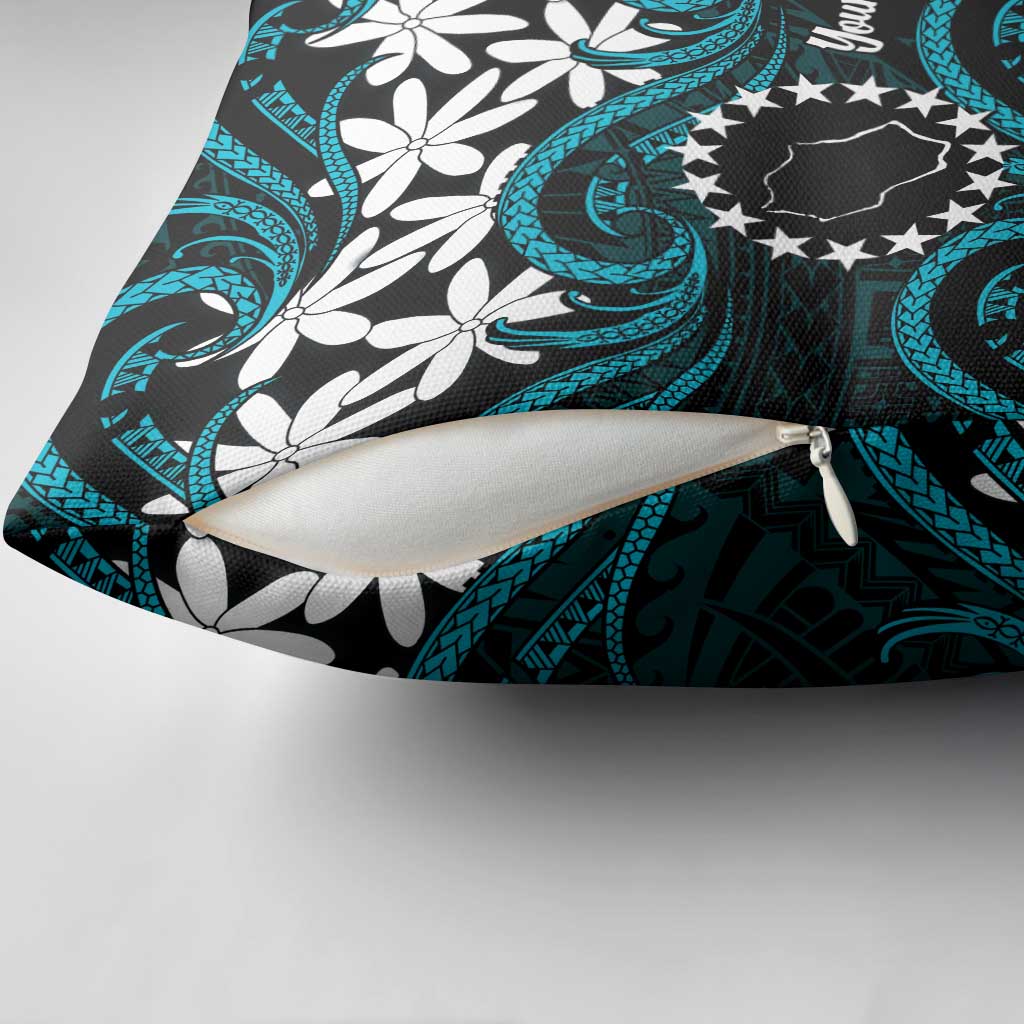 Personalised Cook Islands Penrhyn Atoll Pillow Cover Tiare Maori Polynesian Waves Tattoo