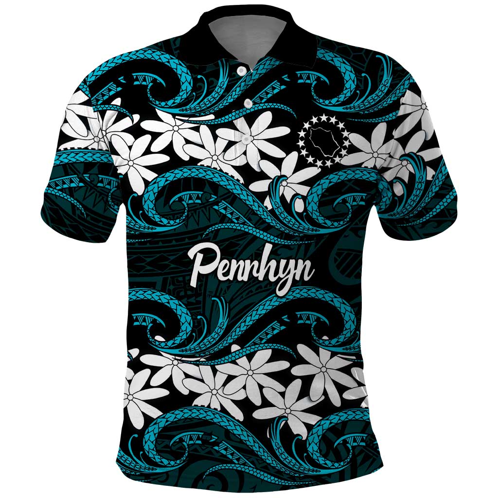 Personalised Cook Islands Penrhyn Atoll Polo Shirt Tiare Maori Polynesian Waves Tattoo