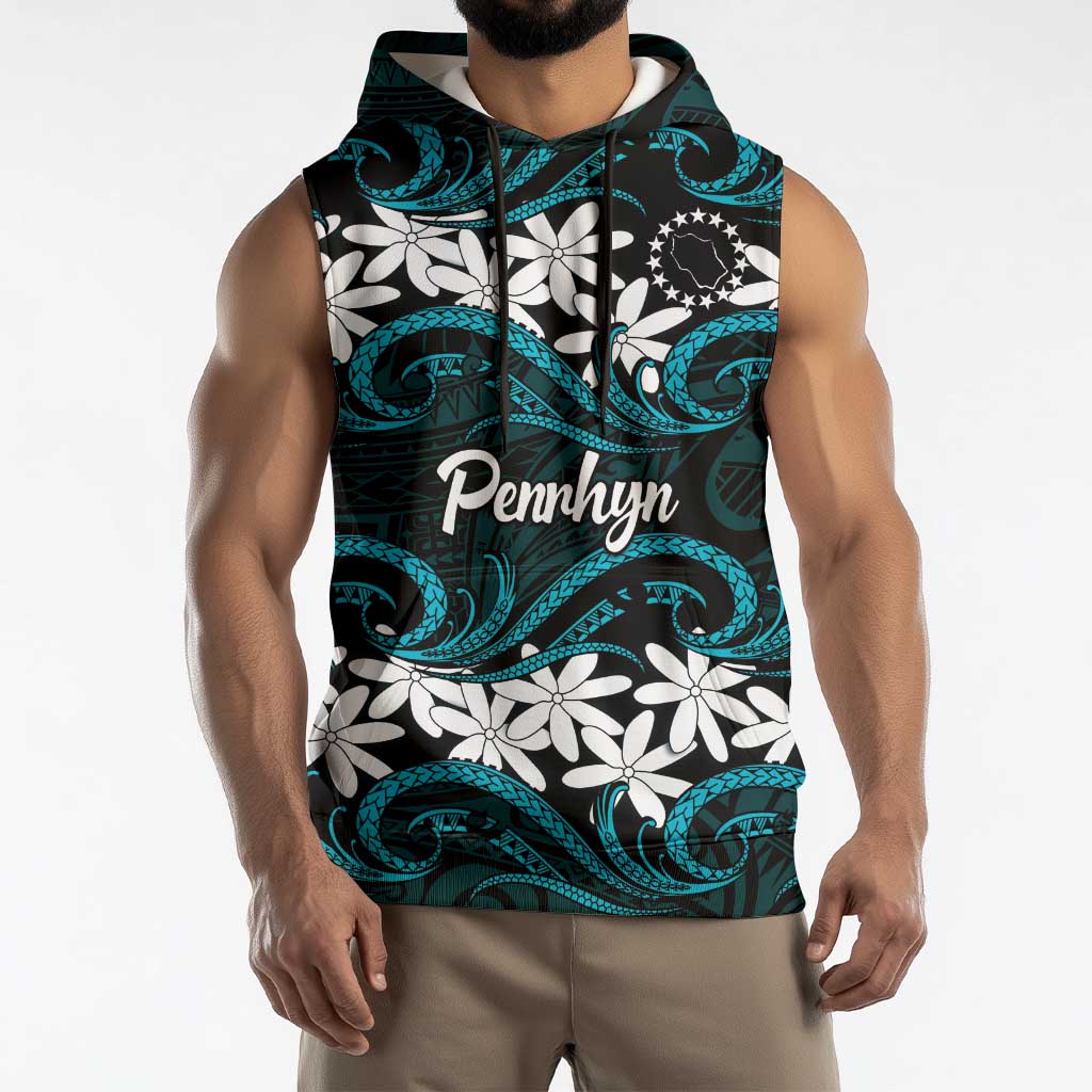 Personalised Cook Islands Penrhyn Atoll Sleeveless Hoodie Tiare Maori Polynesian Waves Tattoo