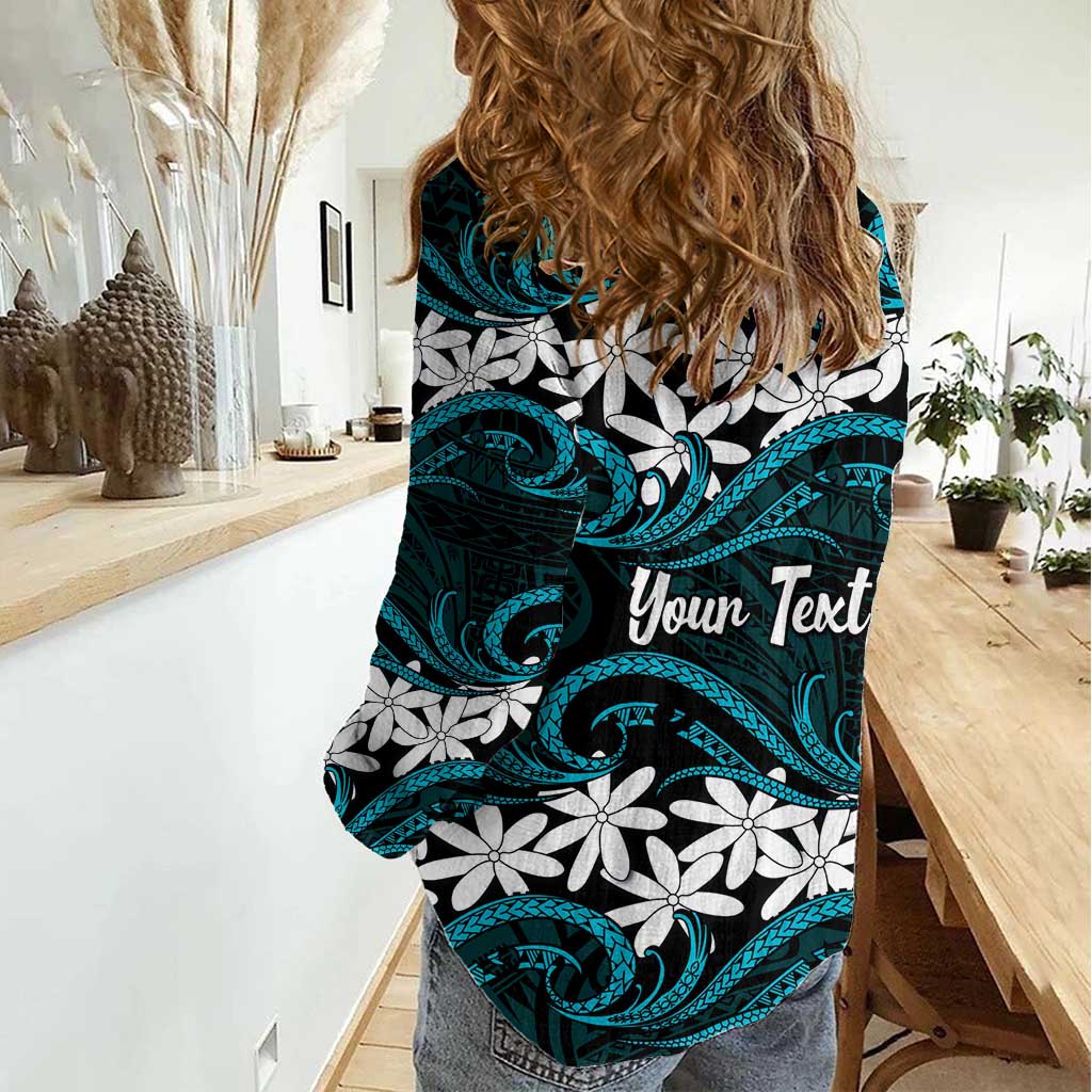 Personalised Cook Islands Penrhyn Atoll Women Casual Shirt Tiare Maori Polynesian Waves Tattoo