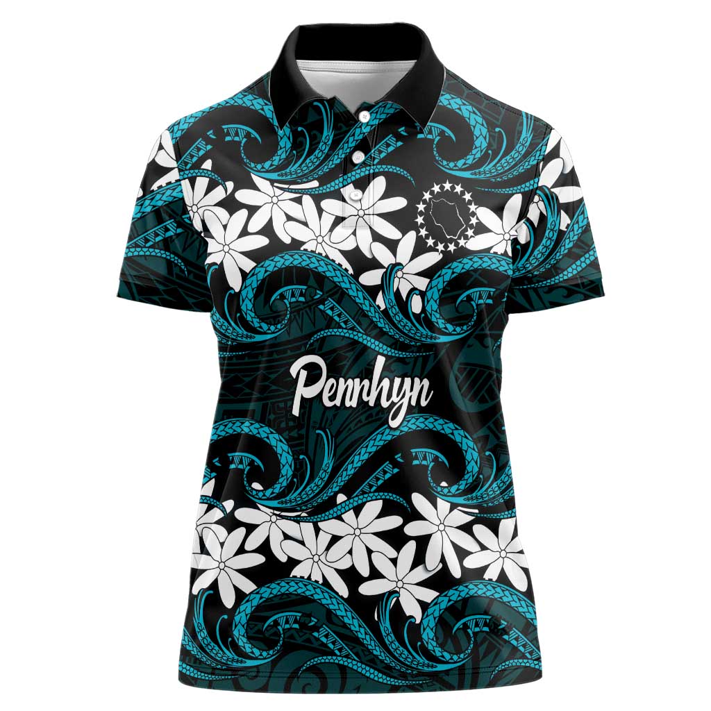 Personalised Cook Islands Penrhyn Atoll Women Polo Shirt Tiare Maori Polynesian Waves Tattoo