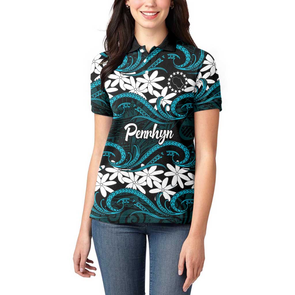 Personalised Cook Islands Penrhyn Atoll Women Polo Shirt Tiare Maori Polynesian Waves Tattoo