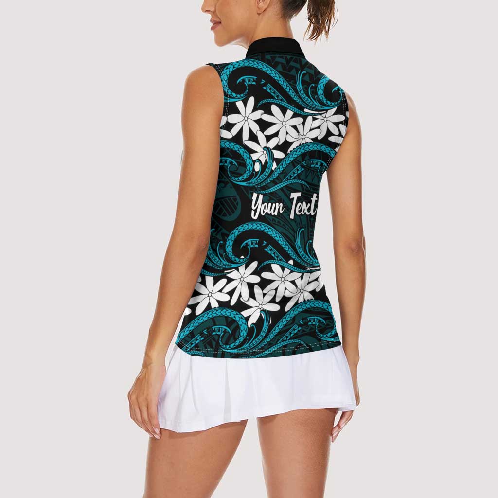 Personalised Cook Islands Penrhyn Atoll Women Sleeveless Polo Shirt Tiare Maori Polynesian Waves Tattoo