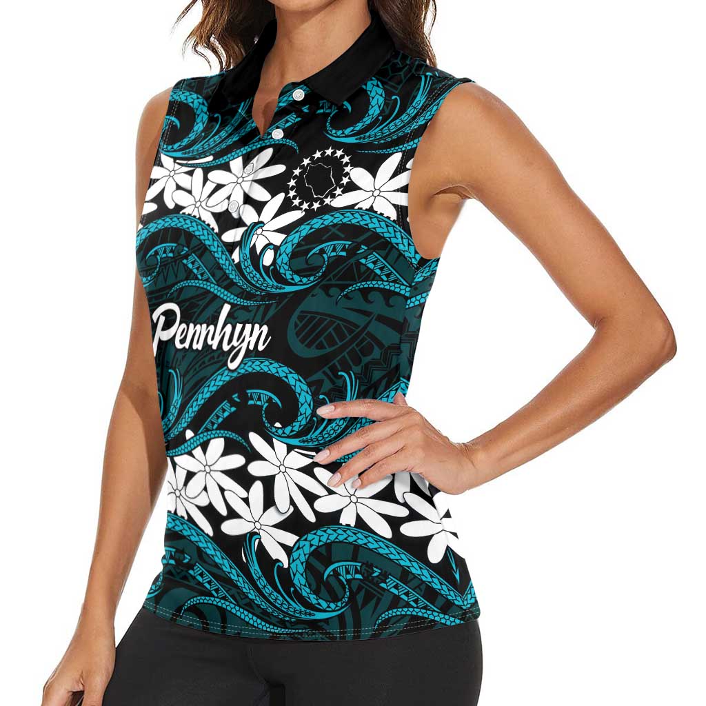 Personalised Cook Islands Penrhyn Atoll Women Sleeveless Polo Shirt Tiare Maori Polynesian Waves Tattoo
