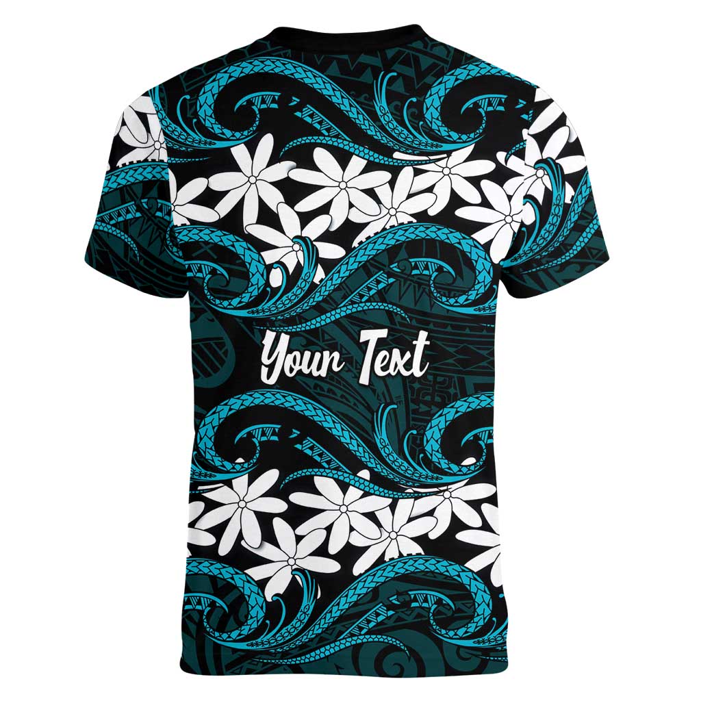 Personalised Cook Islands Penrhyn Atoll Women V-Neck T-Shirt Tiare Maori Polynesian Waves Tattoo