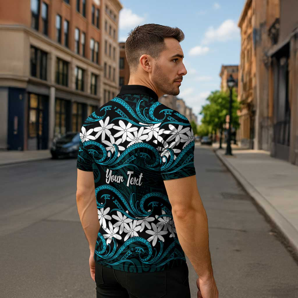 Personalised Cook Islands Penrhyn Atoll Zipper Polo Shirt Tiare Maori Polynesian Waves Tattoo