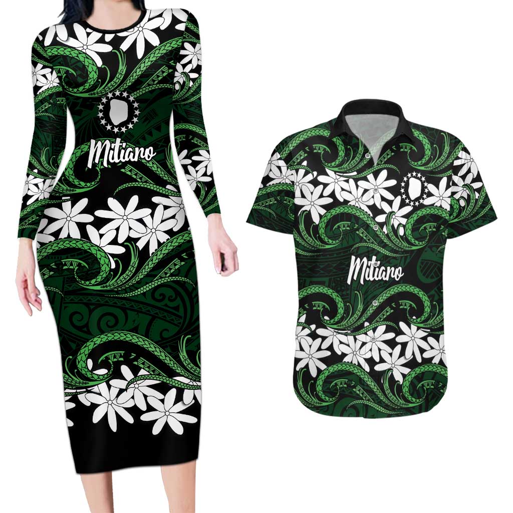 Personalised Cook Islands Mitiaro Couples Matching Long Sleeve Bodycon Dress and Hawaiian Shirt Tiare Maori Polynesian Waves Tattoo