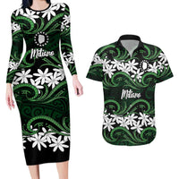 Personalised Cook Islands Mitiaro Couples Matching Long Sleeve Bodycon Dress and Hawaiian Shirt Tiare Maori Polynesian Waves Tattoo LT14 Green - Polynesian Pride