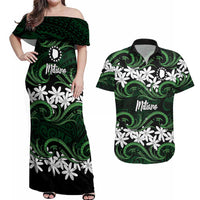 Personalised Cook Islands Mitiaro Couples Matching Off Shoulder Maxi Dress and Hawaiian Shirt Tiare Maori Polynesian Waves Tattoo