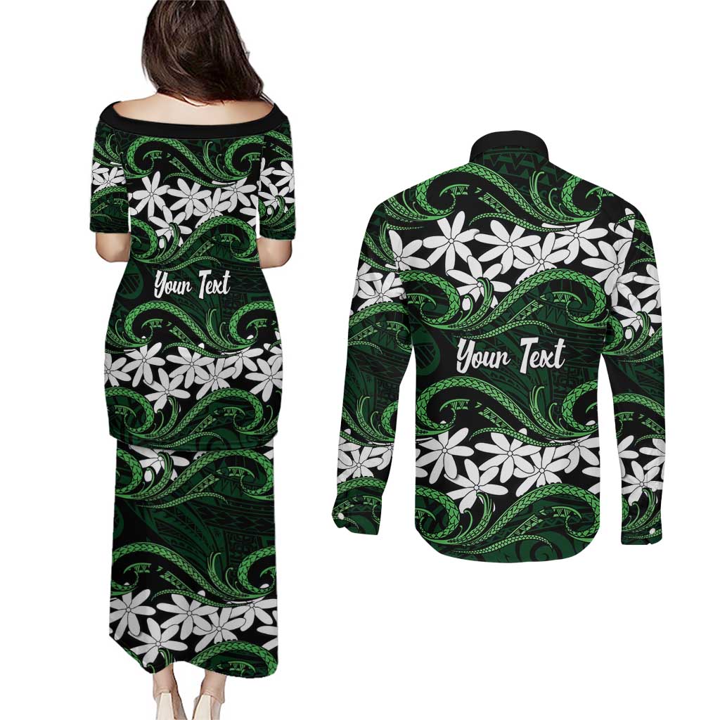 Personalised Cook Islands Mitiaro Couples Matching Puletasi and Long Sleeve Button Shirt Tiare Maori Polynesian Waves Tattoo