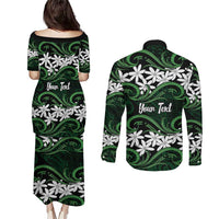 Personalised Cook Islands Mitiaro Couples Matching Puletasi and Long Sleeve Button Shirt Tiare Maori Polynesian Waves Tattoo