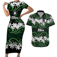 Personalised Cook Islands Mitiaro Couples Matching Short Sleeve Bodycon Dress and Hawaiian Shirt Tiare Maori Polynesian Waves Tattoo LT14 Green - Polynesian Pride