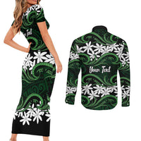 Personalised Cook Islands Mitiaro Couples Matching Short Sleeve Bodycon Dress and Long Sleeve Button Shirt Tiare Maori Polynesian Waves Tattoo