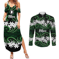 Personalised Cook Islands Mitiaro Couples Matching Summer Maxi Dress and Long Sleeve Button Shirt Tiare Maori Polynesian Waves Tattoo