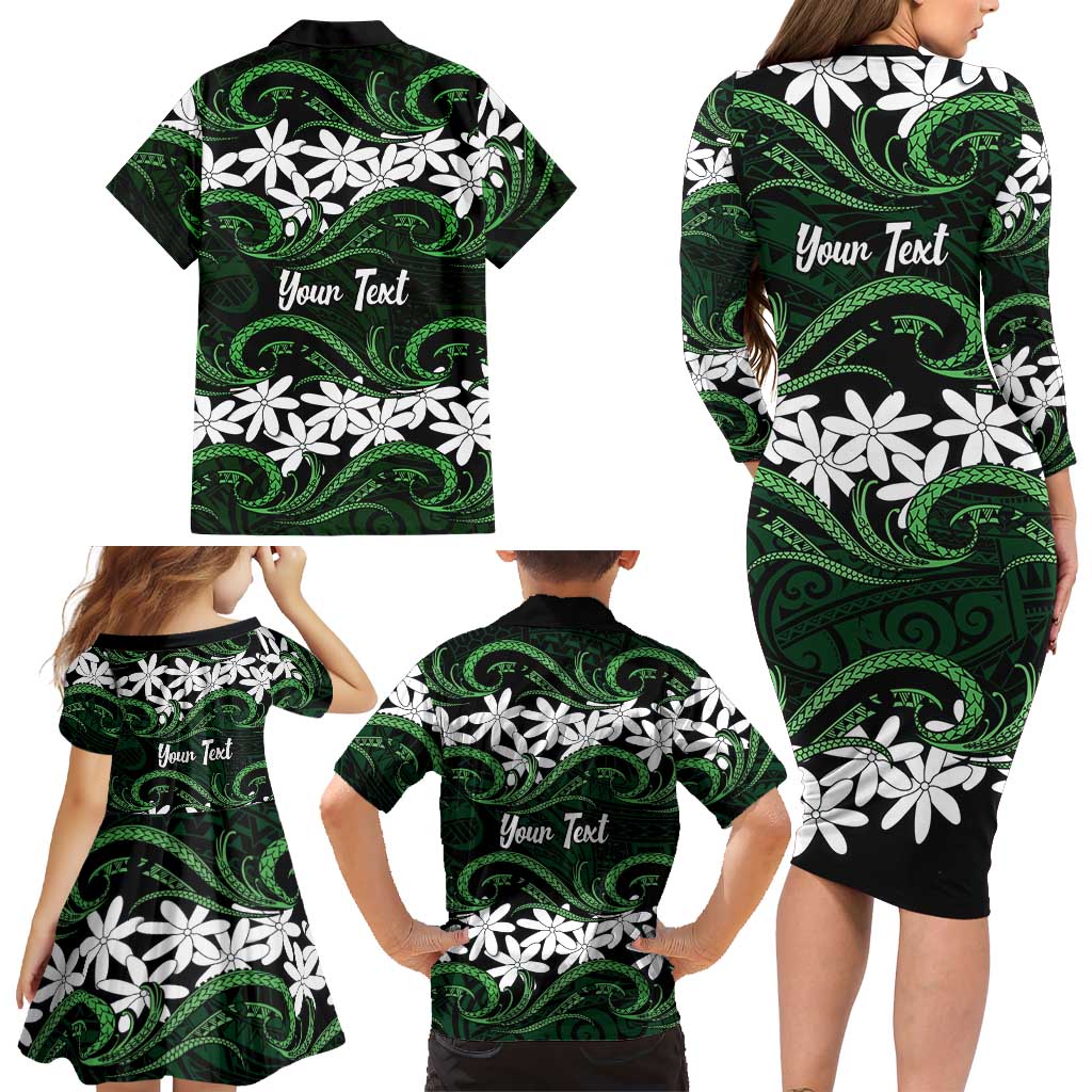 Personalised Cook Islands Mitiaro Family Matching Long Sleeve Bodycon Dress and Hawaiian Shirt Tiare Maori Polynesian Waves Tattoo LT14 - Polynesian Pride