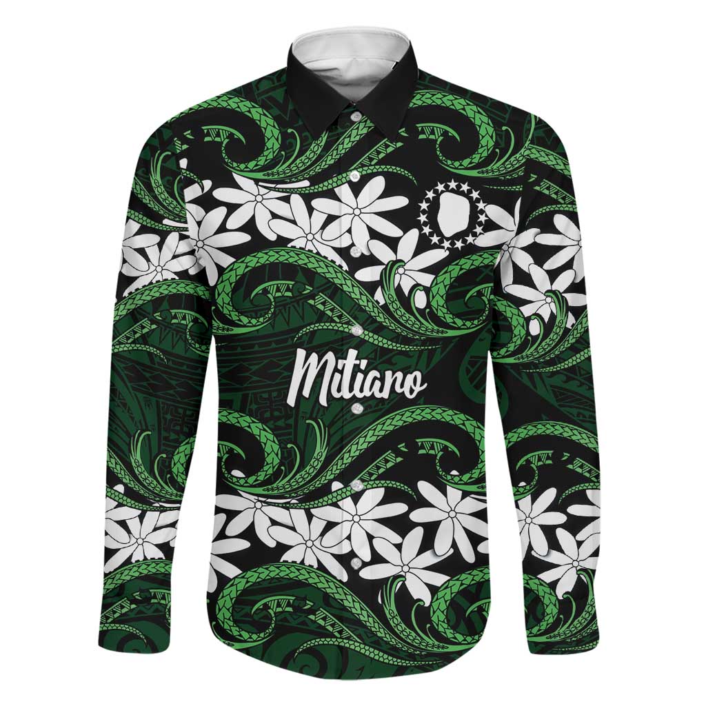 Personalised Cook Islands Mitiaro Family Matching Long Sleeve Bodycon Dress and Hawaiian Shirt Tiare Maori Polynesian Waves Tattoo LT14 Dad's Shirt - Long Sleeve Green - Polynesian Pride