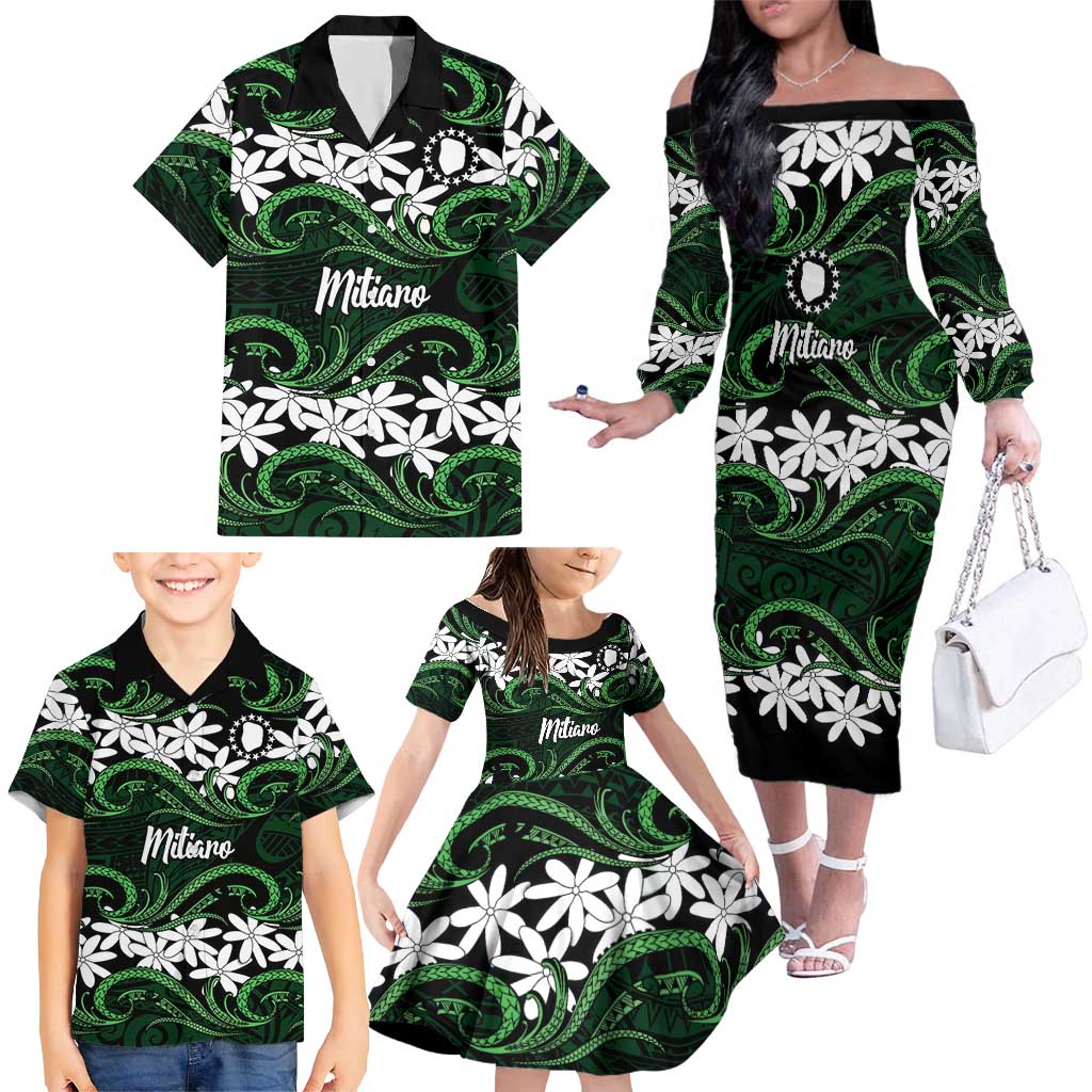 Personalised Cook Islands Mitiaro Family Matching Off The Shoulder Long Sleeve Dress and Hawaiian Shirt Tiare Maori Polynesian Waves Tattoo