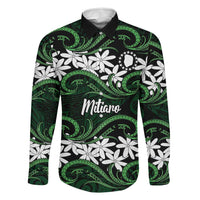 Personalised Cook Islands Mitiaro Family Matching Off The Shoulder Long Sleeve Dress and Hawaiian Shirt Tiare Maori Polynesian Waves Tattoo LT14 Dad's Shirt - Long Sleeve Green - Polynesian Pride
