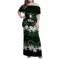 Personalised Cook Islands Mitiaro Family Matching Off Shoulder Maxi Dress and Hawaiian Shirt Tiare Maori Polynesian Waves Tattoo LT14 Mom's Dress Green - Polynesian Pride