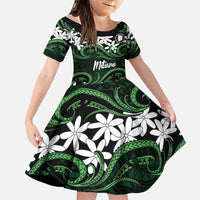 Personalised Cook Islands Mitiaro Family Matching Off Shoulder Short Dress and Hawaiian Shirt Tiare Maori Polynesian Waves Tattoo LT14 Daughter's Dress Green - Polynesian Pride