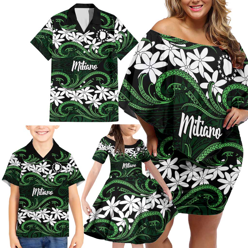 Personalised Cook Islands Mitiaro Family Matching Off Shoulder Short Dress and Hawaiian Shirt Tiare Maori Polynesian Waves Tattoo LT14 - Polynesian Pride