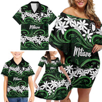 Personalised Cook Islands Mitiaro Family Matching Off Shoulder Short Dress and Hawaiian Shirt Tiare Maori Polynesian Waves Tattoo LT14 - Polynesian Pride