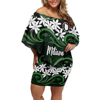 Personalised Cook Islands Mitiaro Family Matching Off Shoulder Short Dress and Hawaiian Shirt Tiare Maori Polynesian Waves Tattoo LT14 Mom's Dress Green - Polynesian Pride