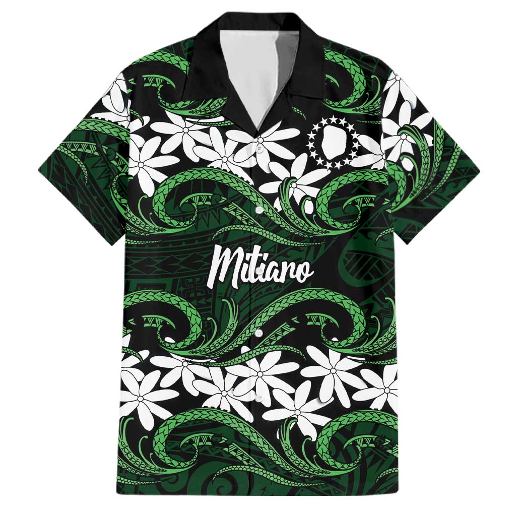Personalised Cook Islands Mitiaro Family Matching Puletasi and Hawaiian Shirt Tiare Maori Polynesian Waves Tattoo LT14 Dad's Shirt - Short Sleeve Green - Polynesian Pride
