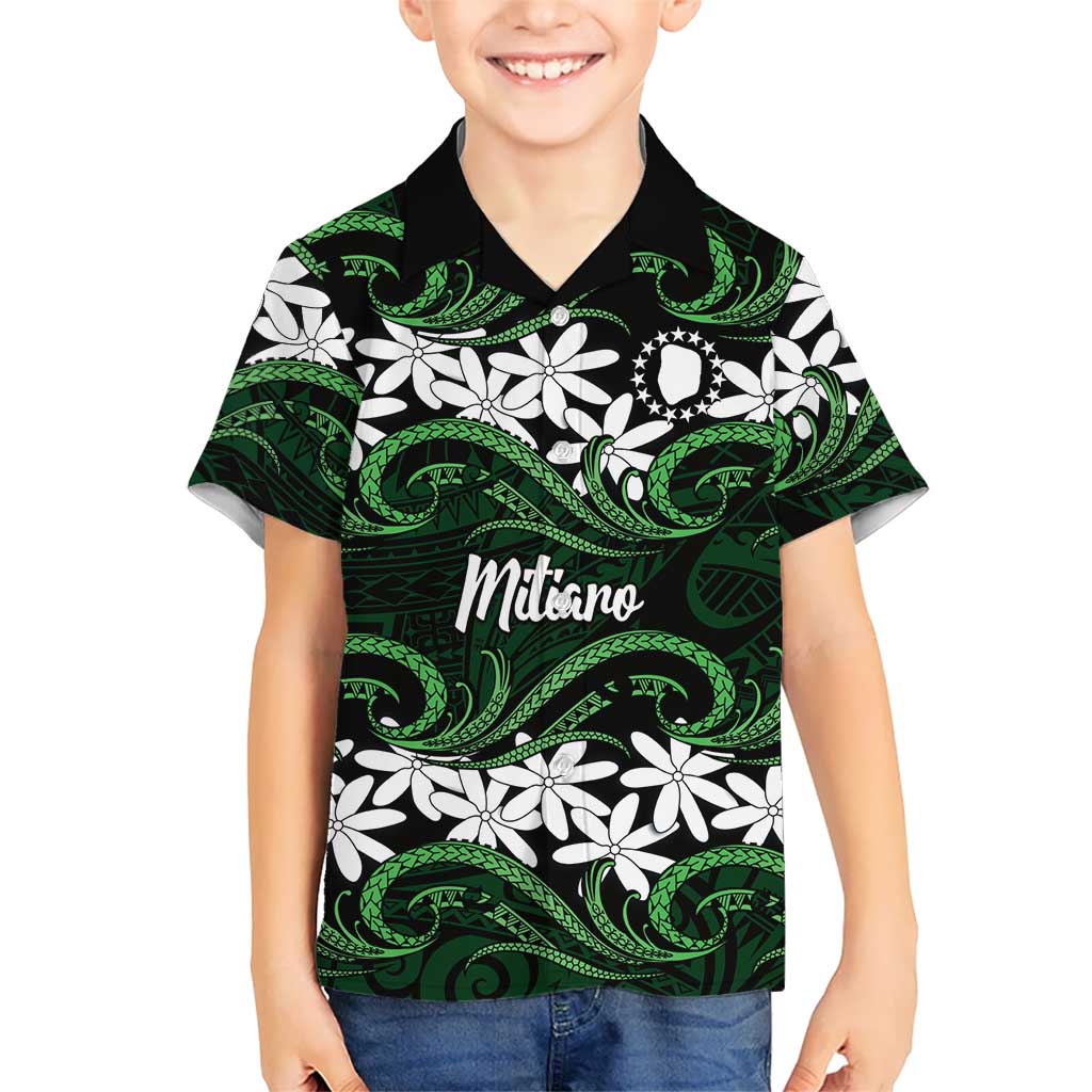 Personalised Cook Islands Mitiaro Family Matching Puletasi and Hawaiian Shirt Tiare Maori Polynesian Waves Tattoo LT14 Son's Shirt Green - Polynesian Pride
