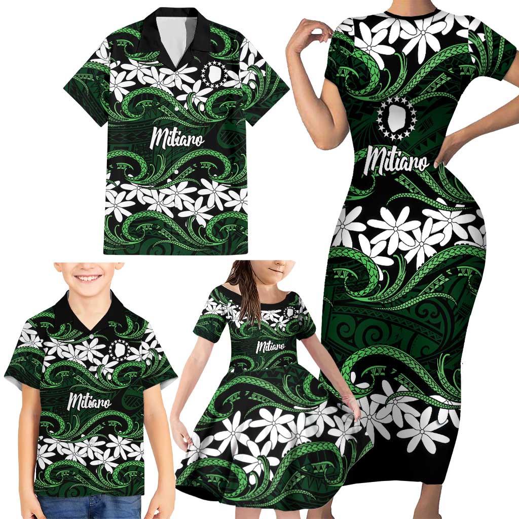 Personalised Cook Islands Mitiaro Family Matching Short Sleeve Bodycon Dress and Hawaiian Shirt Tiare Maori Polynesian Waves Tattoo