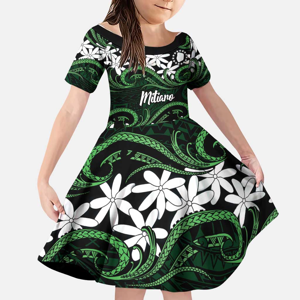 Personalised Cook Islands Mitiaro Family Matching Summer Maxi Dress and Hawaiian Shirt Tiare Maori Polynesian Waves Tattoo LT14 Daughter's Dress Green - Polynesian Pride