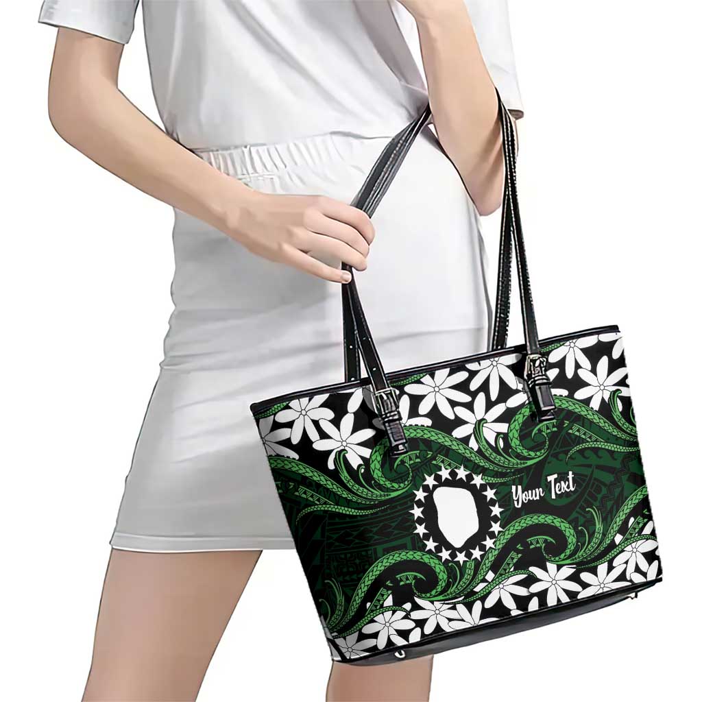 Personalised Cook Islands Mitiaro Leather Tote Bag Tiare Maori Polynesian Waves Tattoo