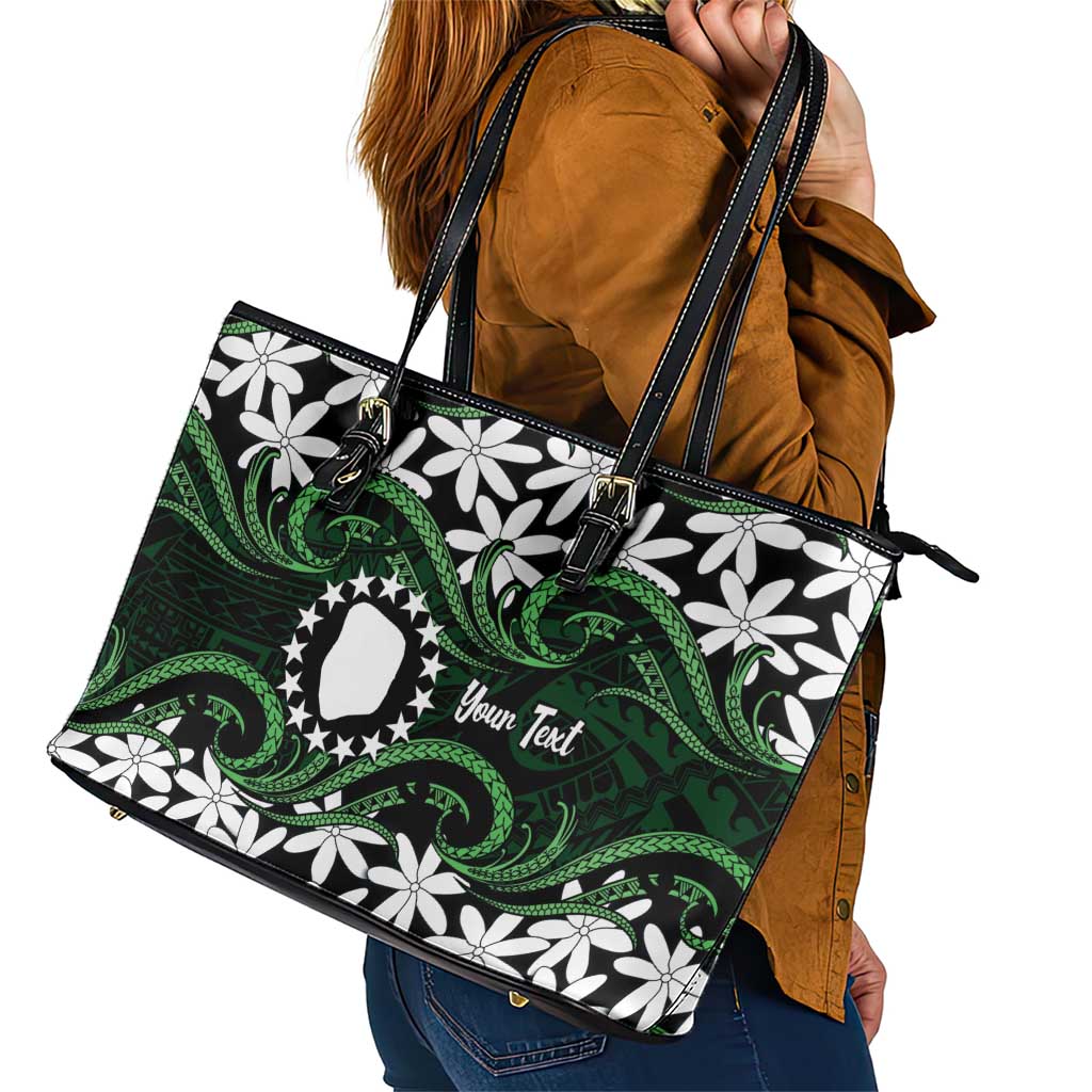 Personalised Cook Islands Mitiaro Leather Tote Bag Tiare Maori Polynesian Waves Tattoo