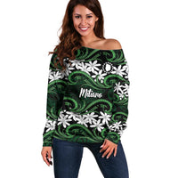 Personalised Cook Islands Mitiaro Off Shoulder Sweater Tiare Maori Polynesian Waves Tattoo