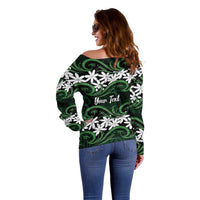 Personalised Cook Islands Mitiaro Off Shoulder Sweater Tiare Maori Polynesian Waves Tattoo