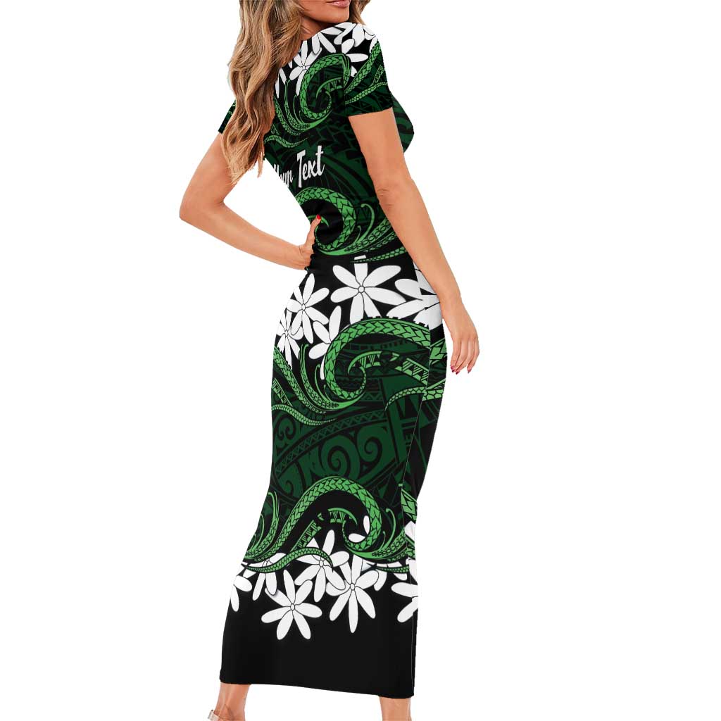Personalised Cook Islands Mitiaro Short Sleeve Bodycon Dress Tiare Maori Polynesian Waves Tattoo