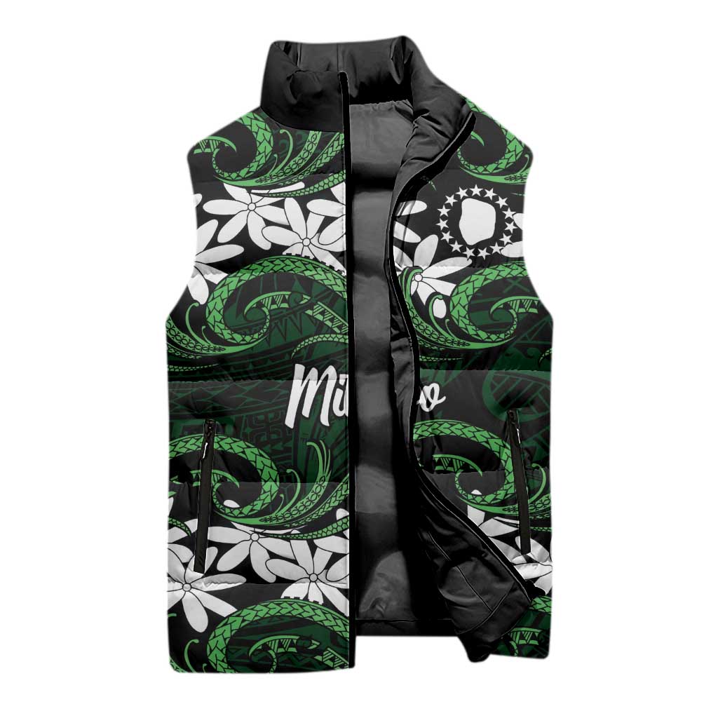 Personalised Cook Islands Mitiaro Sleeveless Puffer Jacket Tiare Maori Polynesian Waves Tattoo
