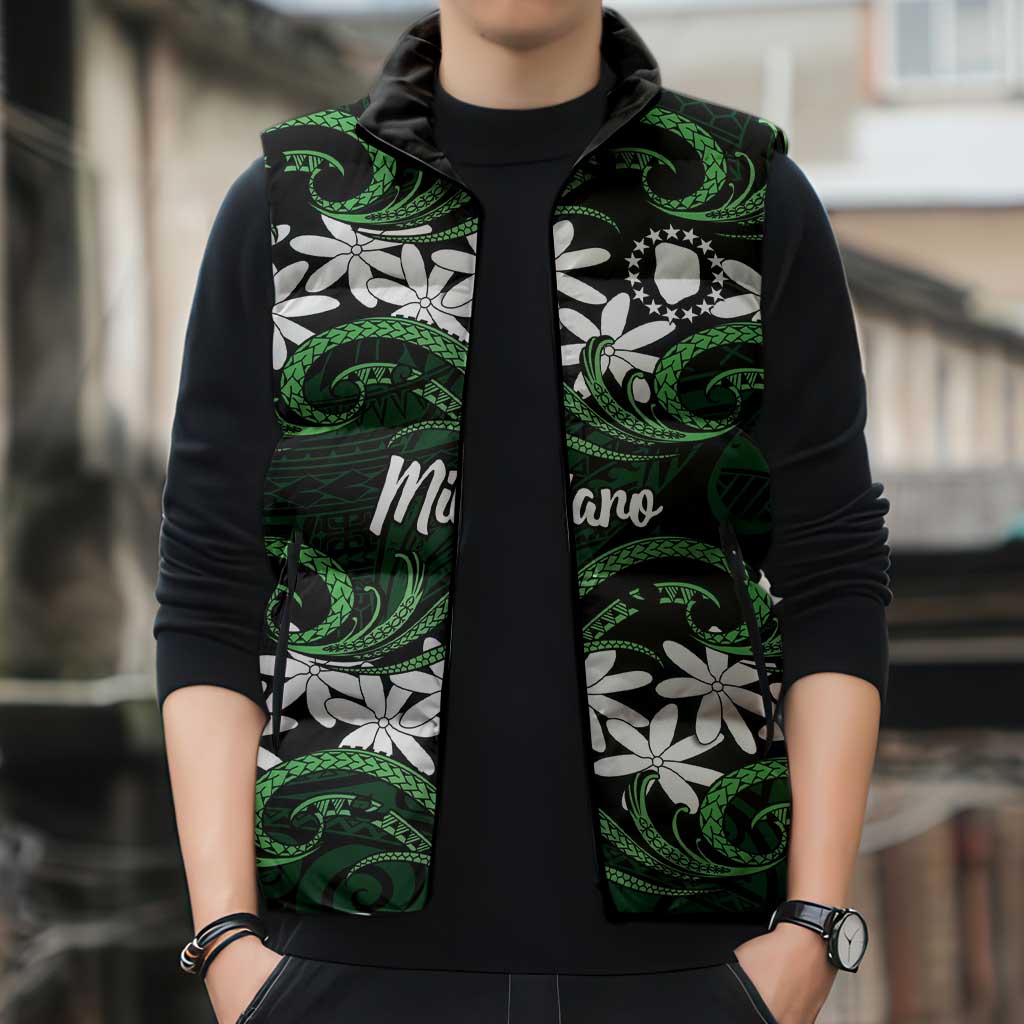 Personalised Cook Islands Mitiaro Sleeveless Puffer Jacket Tiare Maori Polynesian Waves Tattoo
