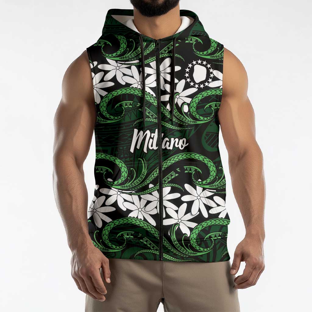 Personalised Cook Islands Mitiaro Sleeveless Zip Hoodie Tiare Maori Polynesian Waves Tattoo
