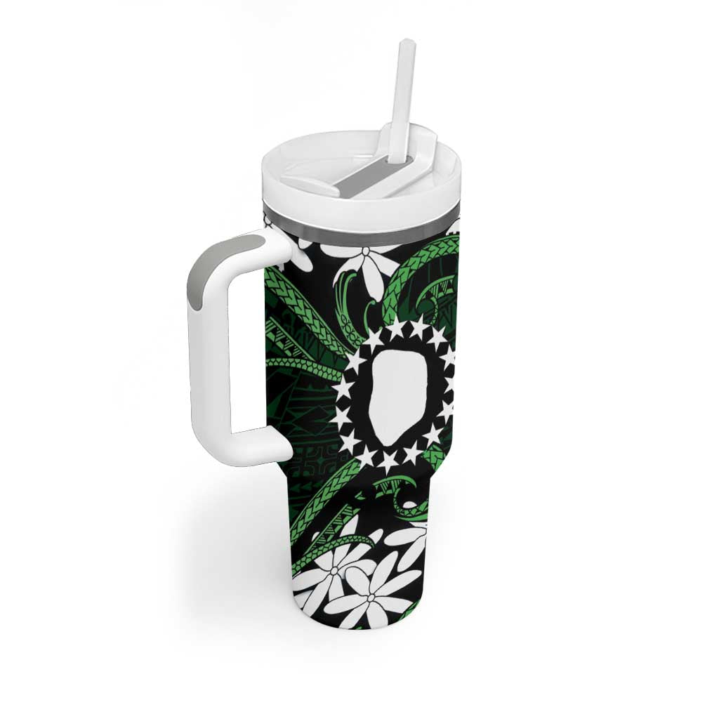 Personalised Cook Islands Mitiaro Tumbler With Handle Tiare Maori Polynesian Waves Tattoo