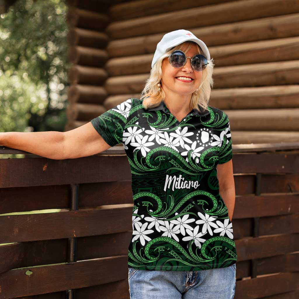 Personalised Cook Islands Mitiaro Women Polo Shirt Tiare Maori Polynesian Waves Tattoo