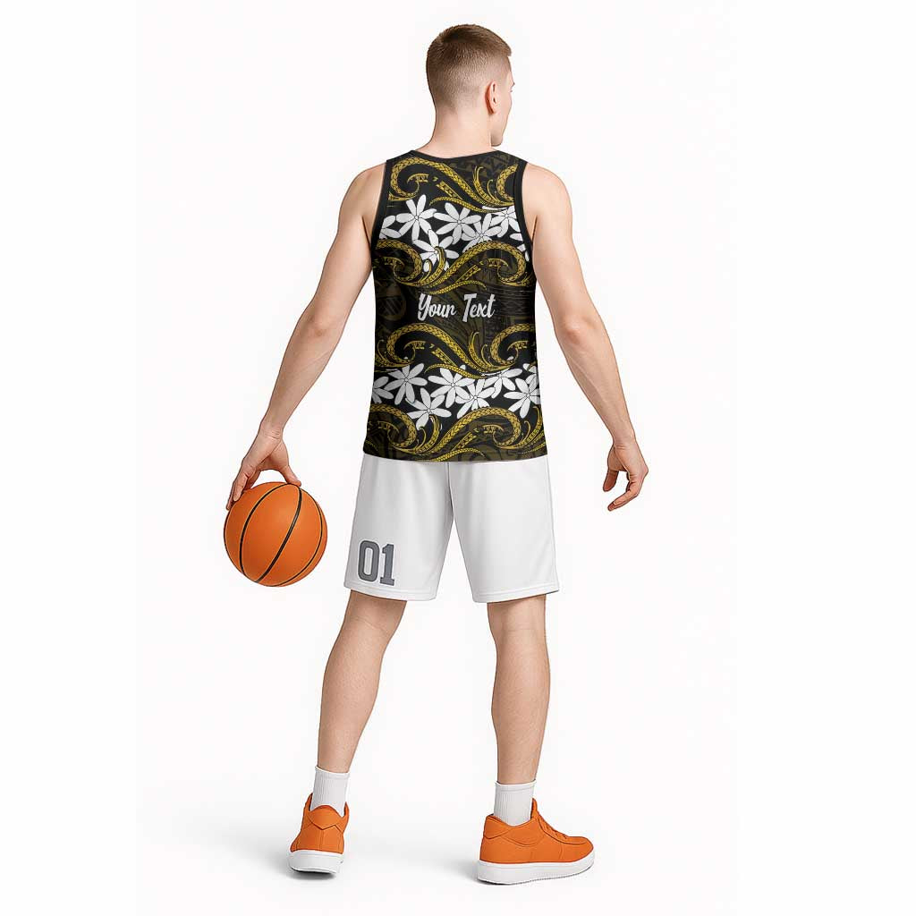 Personalised Cook Islands Manihiki Basketball Jersey Tiare Maori Polynesian Waves Tattoo