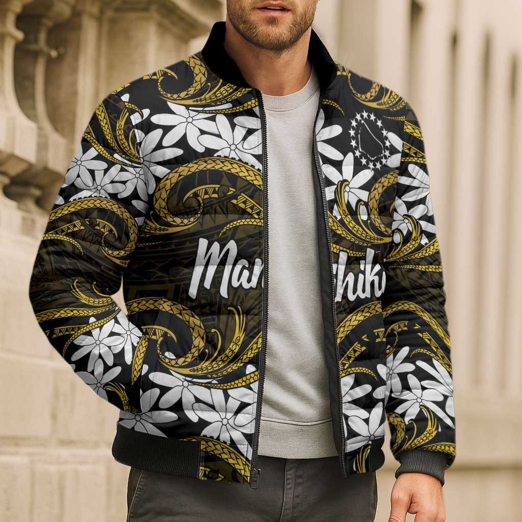Personalised Cook Islands Manihiki Bomber Puffer Jacket Tiare Maori Polynesian Waves Tattoo
