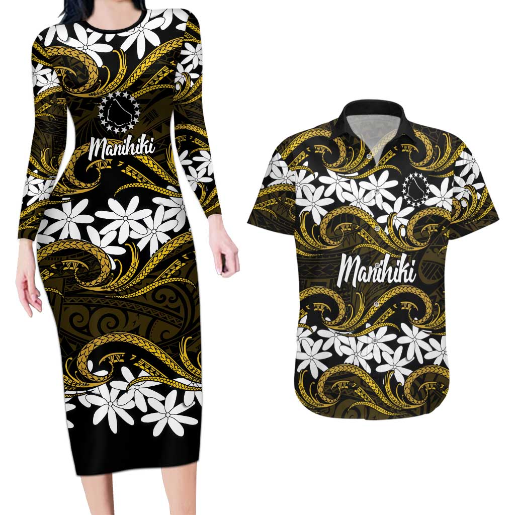 Personalised Cook Islands Manihiki Couples Matching Long Sleeve Bodycon Dress and Hawaiian Shirt Tiare Maori Polynesian Waves Tattoo LT14 Gold - Polynesian Pride