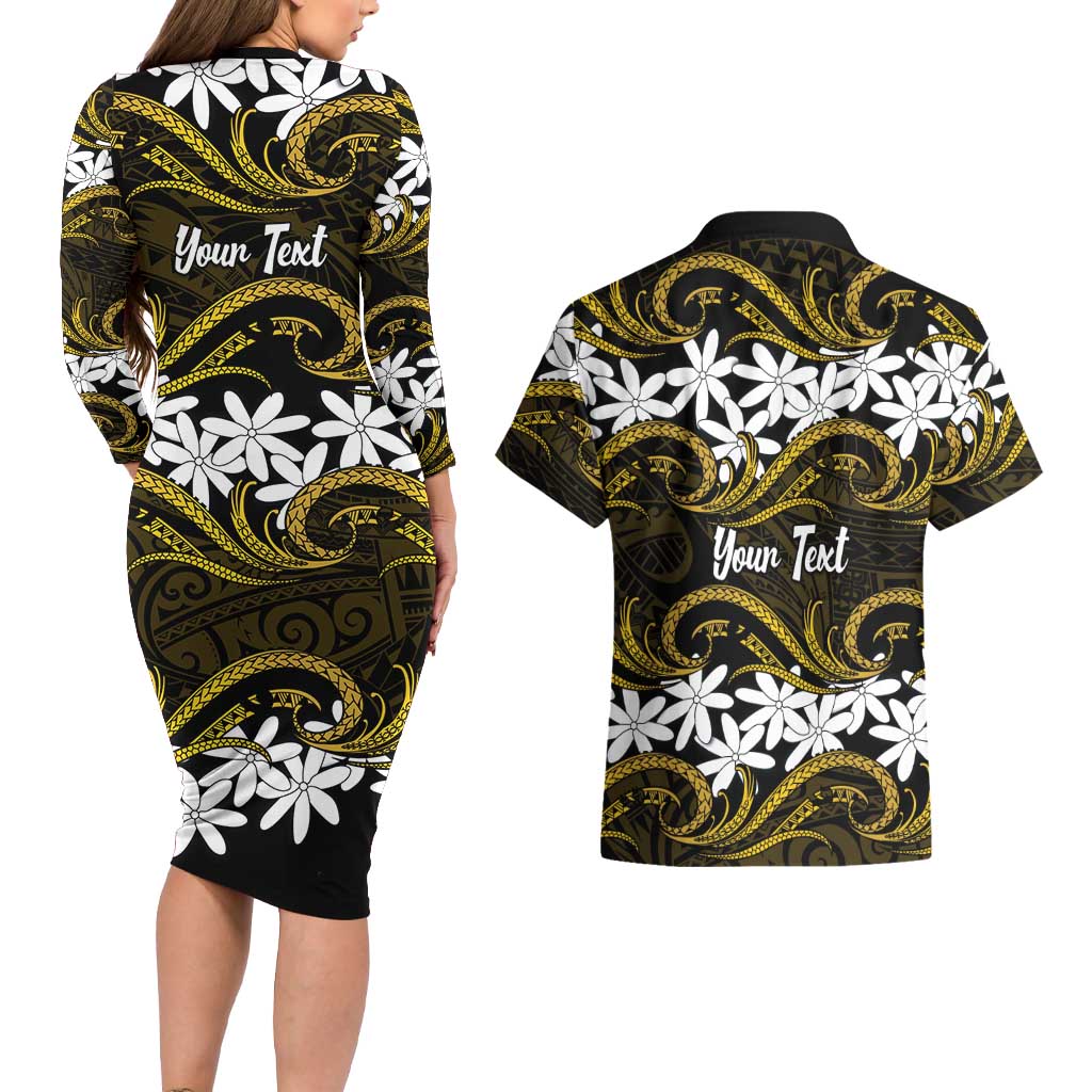Personalised Cook Islands Manihiki Couples Matching Long Sleeve Bodycon Dress and Hawaiian Shirt Tiare Maori Polynesian Waves Tattoo LT14 - Polynesian Pride