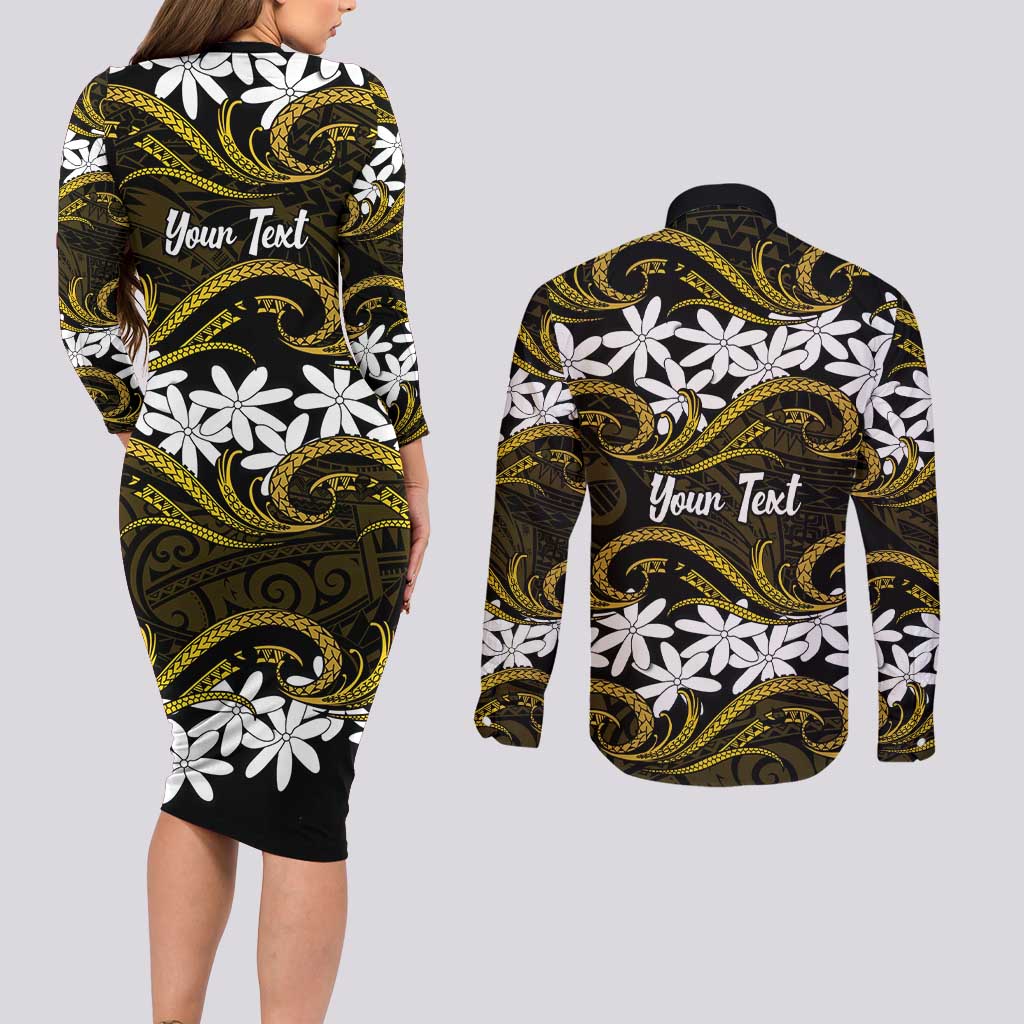 Personalised Cook Islands Manihiki Couples Matching Long Sleeve Bodycon Dress and Long Sleeve Button Shirt Tiare Maori Polynesian Waves Tattoo