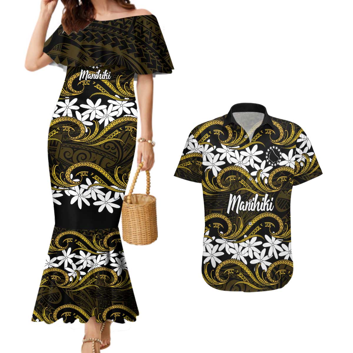 Personalised Cook Islands Manihiki Couples Matching Mermaid Dress and Hawaiian Shirt Tiare Maori Polynesian Waves Tattoo
