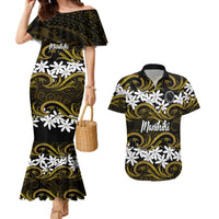Personalised Cook Islands Manihiki Couples Matching Mermaid Dress and Hawaiian Shirt Tiare Maori Polynesian Waves Tattoo LT14 Gold - Polynesian Pride