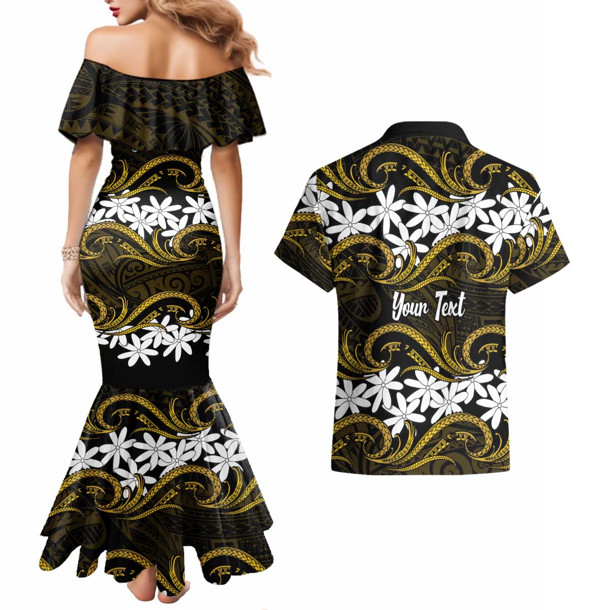 Personalised Cook Islands Manihiki Couples Matching Mermaid Dress and Hawaiian Shirt Tiare Maori Polynesian Waves Tattoo LT14 - Polynesian Pride