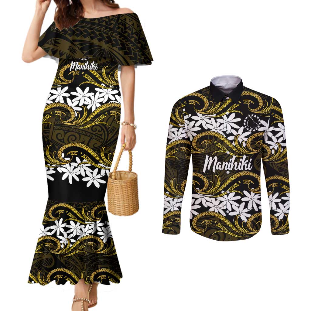 Personalised Cook Islands Manihiki Couples Matching Mermaid Dress and Long Sleeve Button Shirt Tiare Maori Polynesian Waves Tattoo LT14 Gold - Polynesian Pride